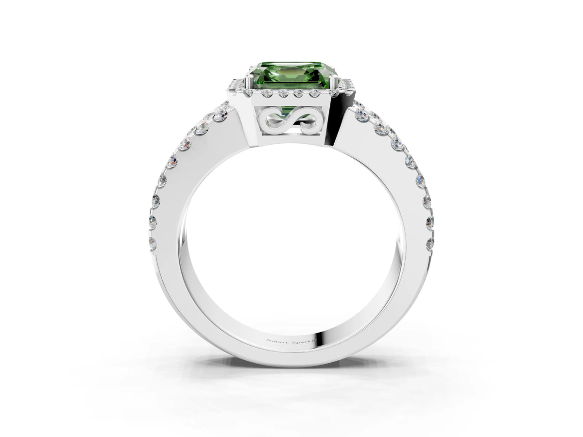 Fancy Green Asscher Cut Diamond Halo Ring in White gold with Split Shank Band and Prong Setting_3