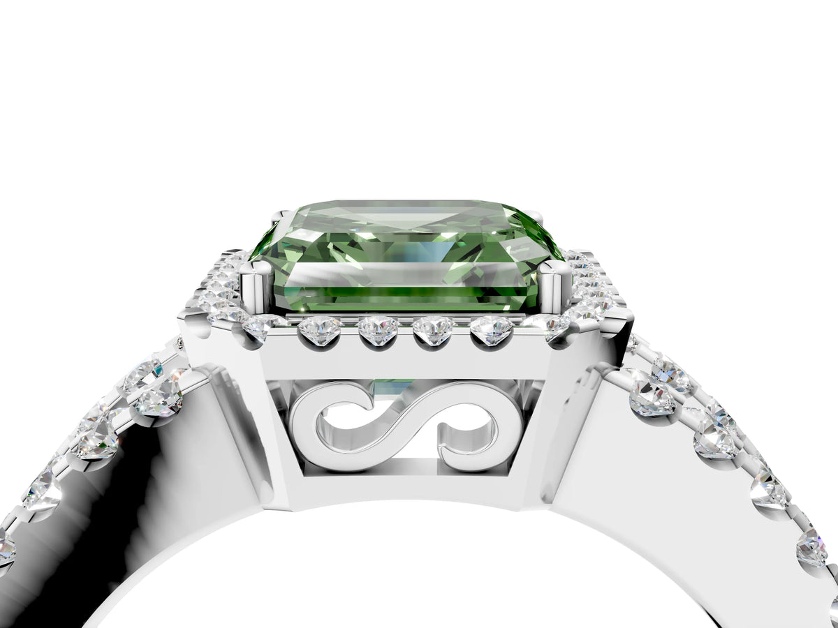 Fancy Green Asscher Cut Diamond Halo Ring in White gold with Split Shank Band and Prong Setting_4