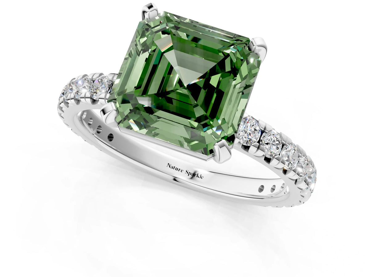 Fancy Green Asscher Cut Diamond Pavé Solitaire Ring in White gold with Round Pavé Band and Prong Setting_1