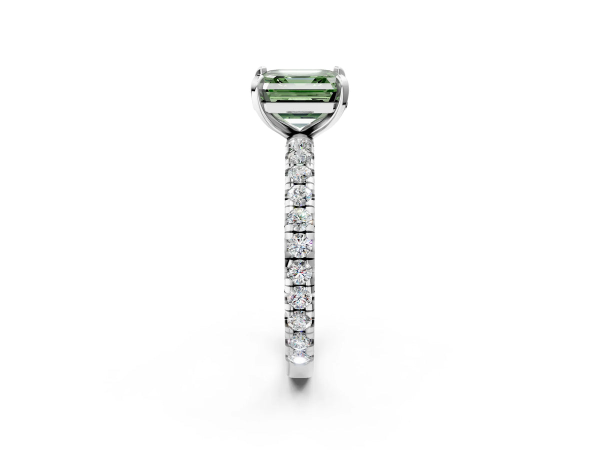 Fancy Green Asscher Cut Diamond Pavé Solitaire Ring in White gold with Round Pavé Band and Prong Setting_2