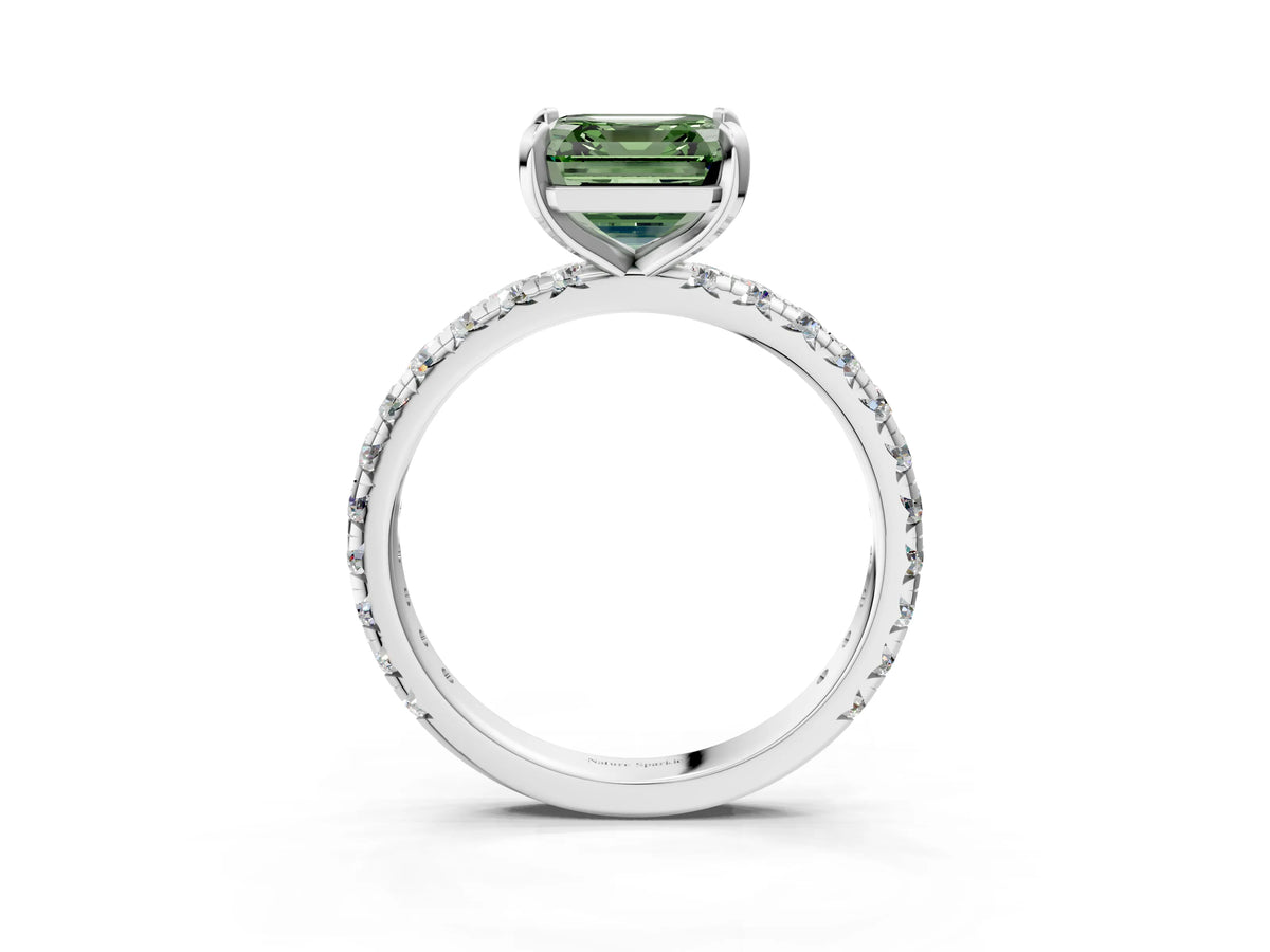 Fancy Green Asscher Cut Diamond Pavé Solitaire Ring in White gold with Round Pavé Band and Prong Setting_3