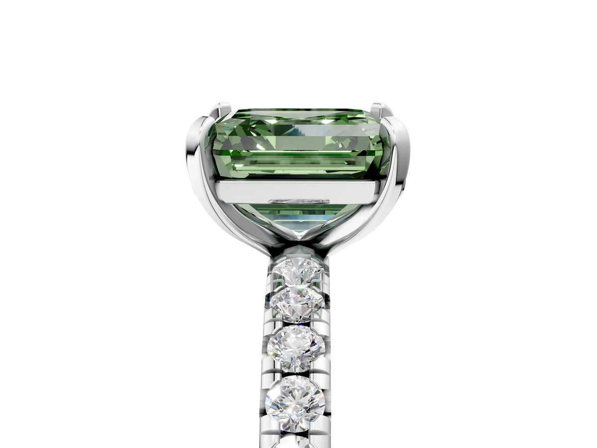 Fancy Green Asscher Cut Diamond Pavé Solitaire Ring in White gold with Round Pavé Band and Prong Setting_5
