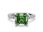 Fancy Green Asscher Cut Diamond Pavé Solitaire Ring in White gold with Round Pavé Band and Prong Setting
