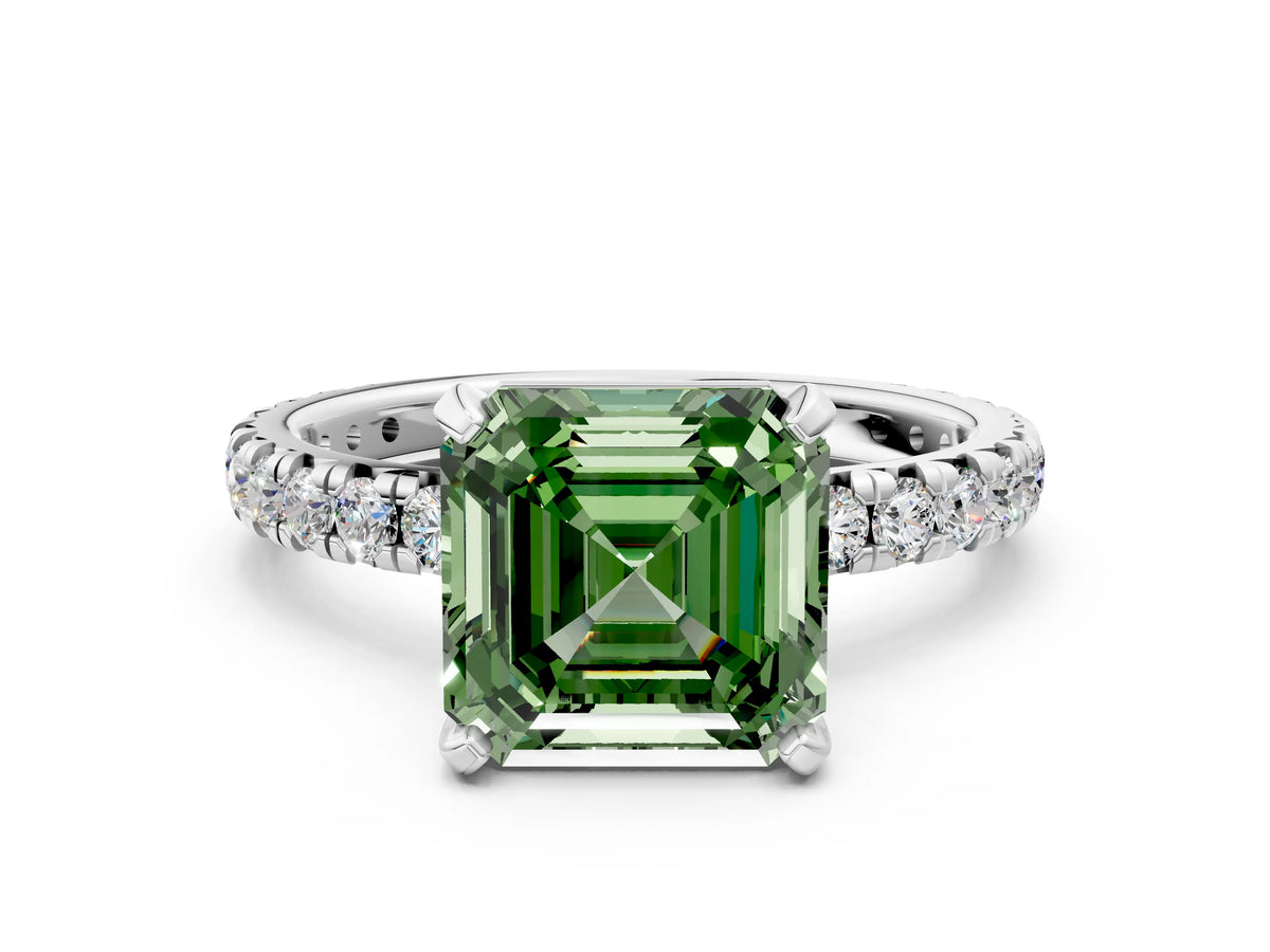 Fancy Green Asscher Cut Diamond Pavé Solitaire Ring in White gold with Round Pavé Band and Prong Setting