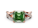 Fancy Green Asscher Cut Diamond Solitaire Ring in Rose gold with Interwoven Pavé Band and Prong Setting