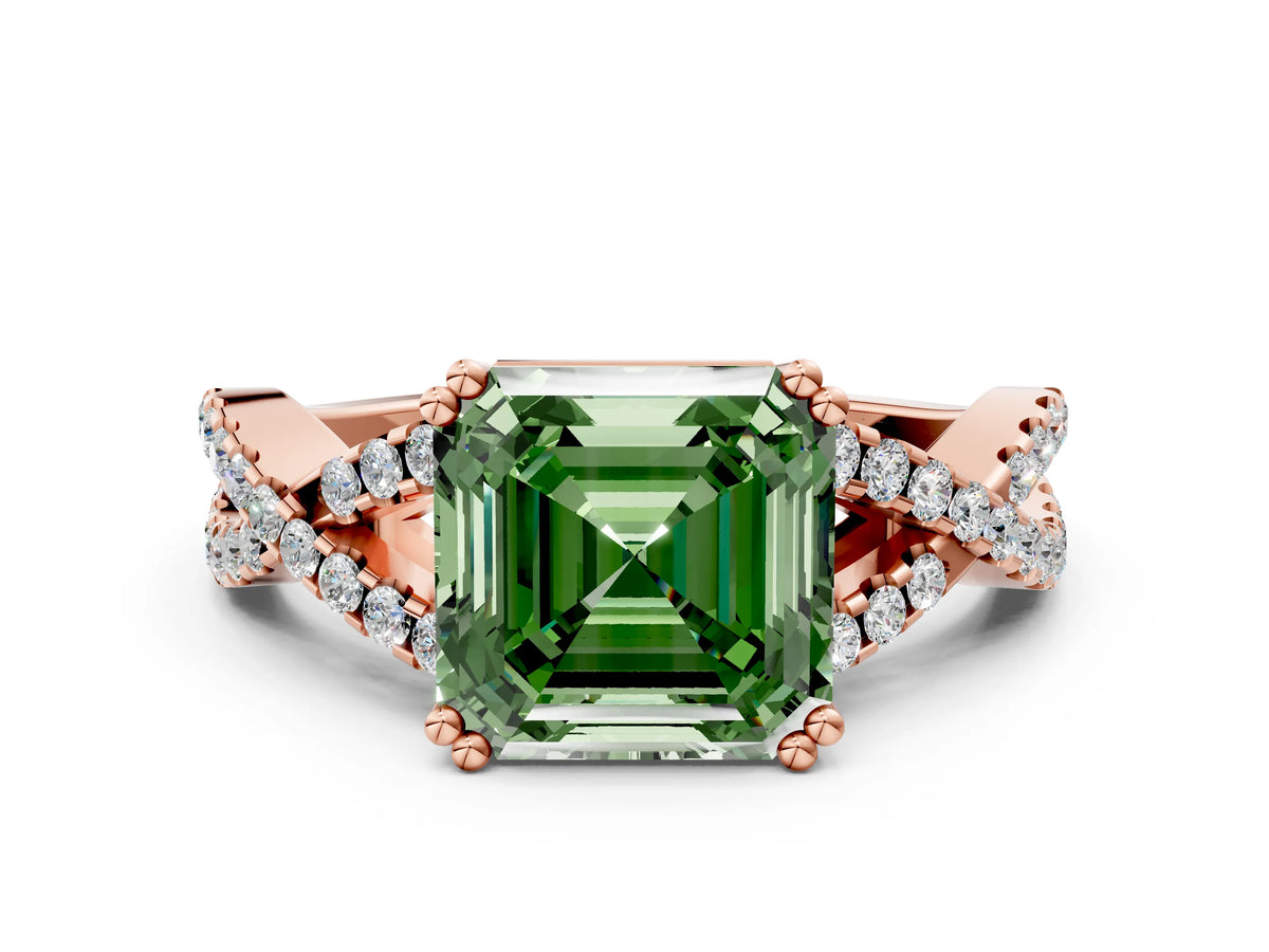 Fancy Green Asscher Cut Diamond Solitaire Ring in Rose gold with Interwoven Pavé Band and Prong Setting