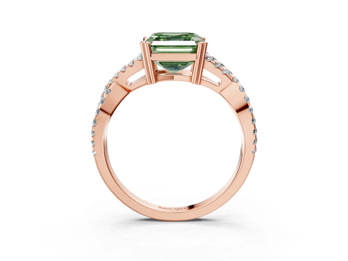 Fancy Green Asscher Cut Diamond Solitaire Ring in Rose gold with Interwoven Pavé Band and Prong Setting_3
