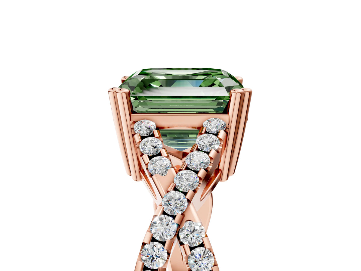 Fancy Green Asscher Cut Diamond Solitaire Ring in Rose gold with Interwoven Pavé Band and Prong Setting_5