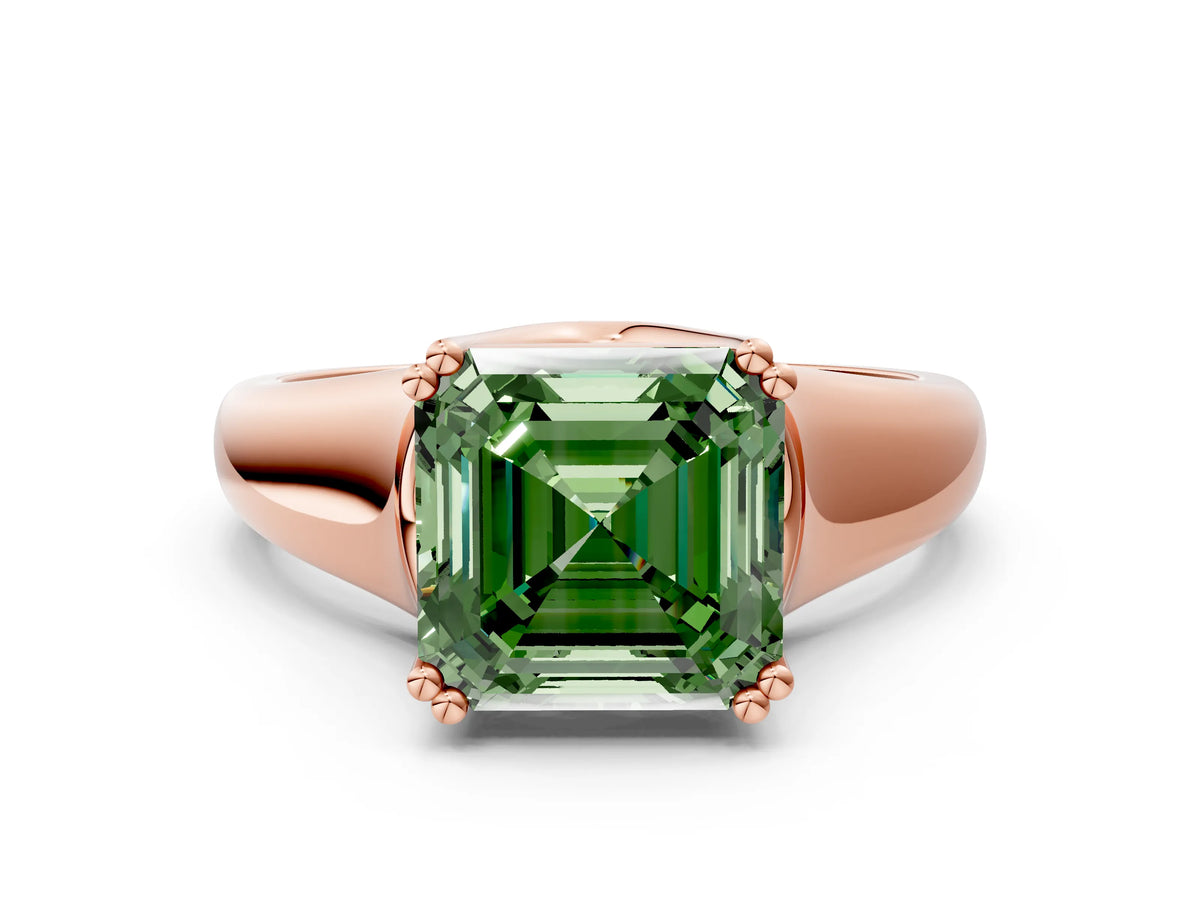 Fancy Green Asscher Cut Diamond Solitaire Ring in Rose gold with Smooth Wide Band and Prong Setting