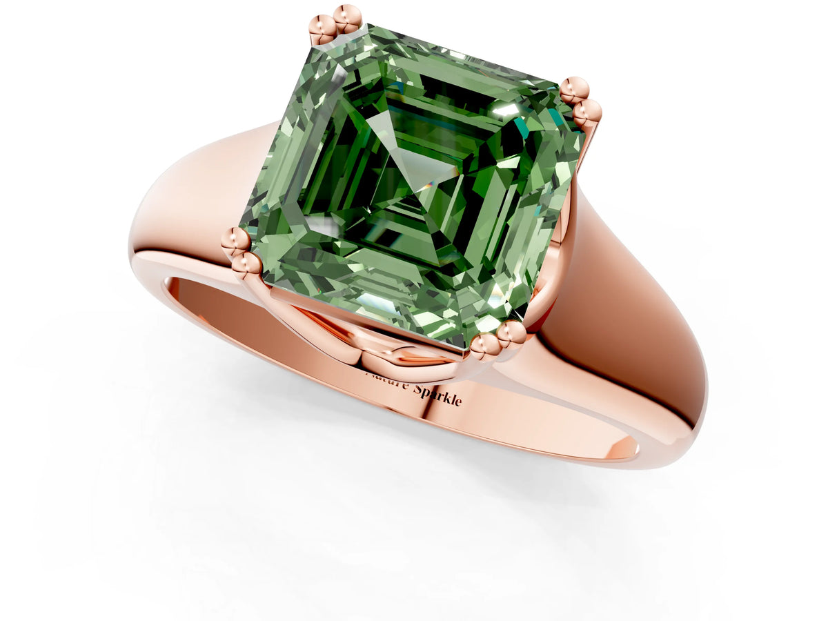 Fancy Green Asscher Cut Diamond Solitaire Ring in Rose gold with Smooth Wide Band and Prong Setting_1