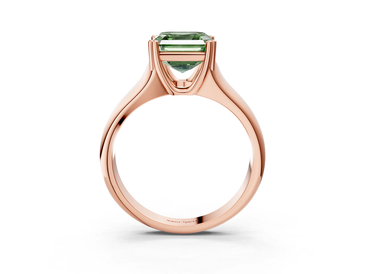 Fancy Green Asscher Cut Diamond Solitaire Ring in Rose gold with Smooth Wide Band and Prong Setting_3
