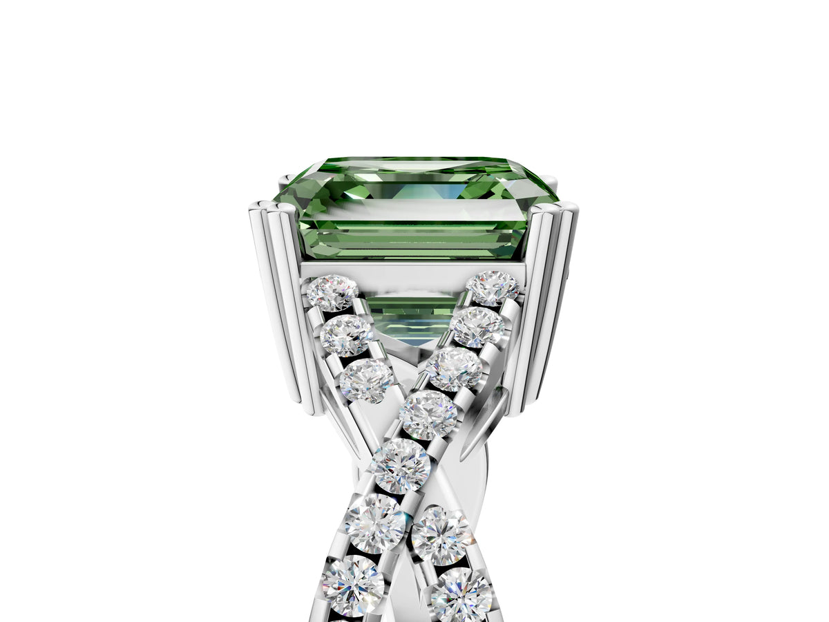 Fancy Green Asscher Cut Diamond Solitaire Ring in Silver with Interwoven Pavé Band and Prong Setting_11
