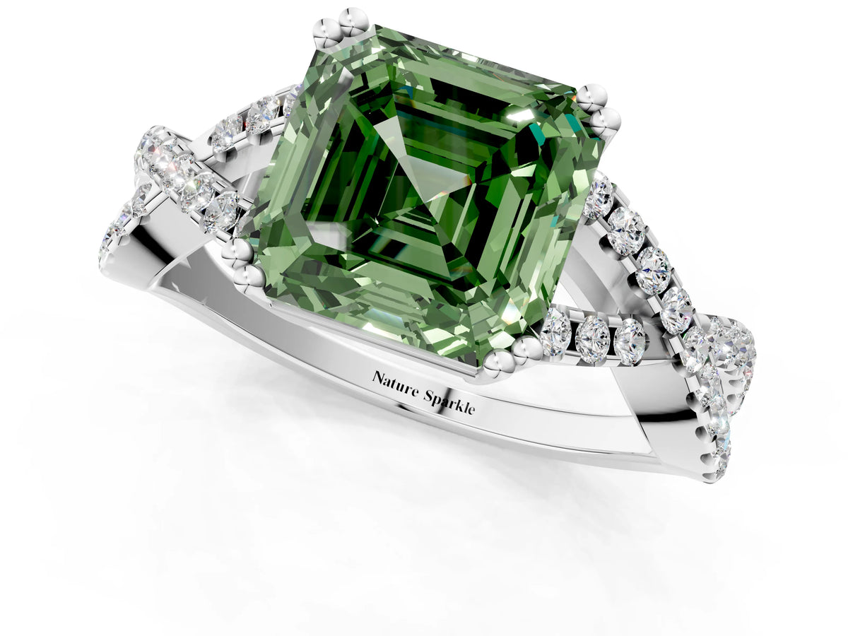 Fancy Green Asscher Cut Diamond Solitaire Ring in Silver with Interwoven Pavé Band and Prong Setting_7