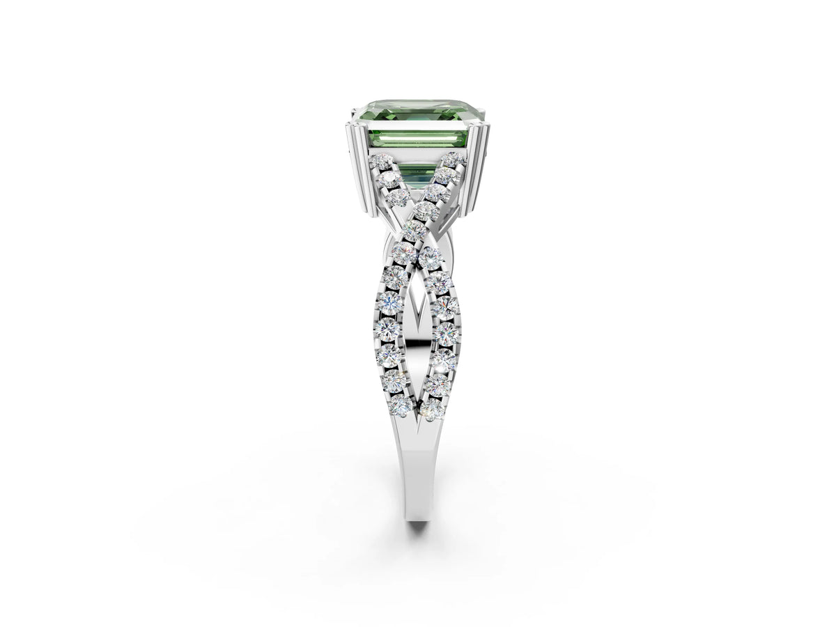 Fancy Green Asscher Cut Diamond Solitaire Ring in Silver with Interwoven Pavé Band and Prong Setting_8