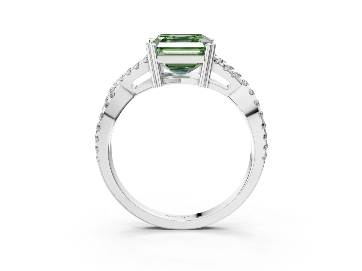 Fancy Green Asscher Cut Diamond Solitaire Ring in White gold with Interwoven Pavé Band and Prong Setting_3