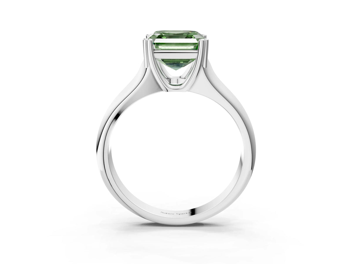 Fancy Green Asscher Cut Diamond Solitaire Ring in White gold with Smooth Wide Band and Prong Setting_3