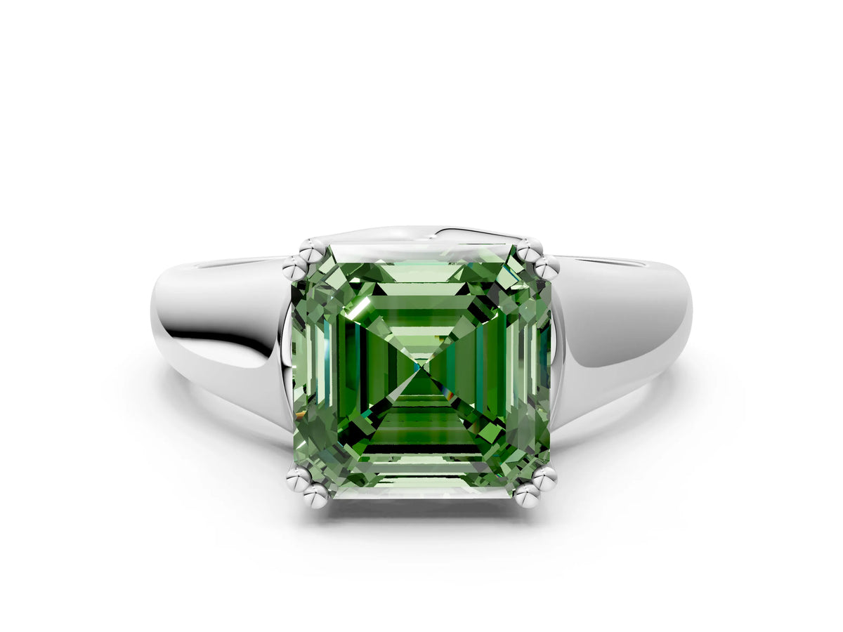 Fancy Green Asscher Cut Diamond Solitaire Ring in White gold with Smooth Wide Band and Prong Setting