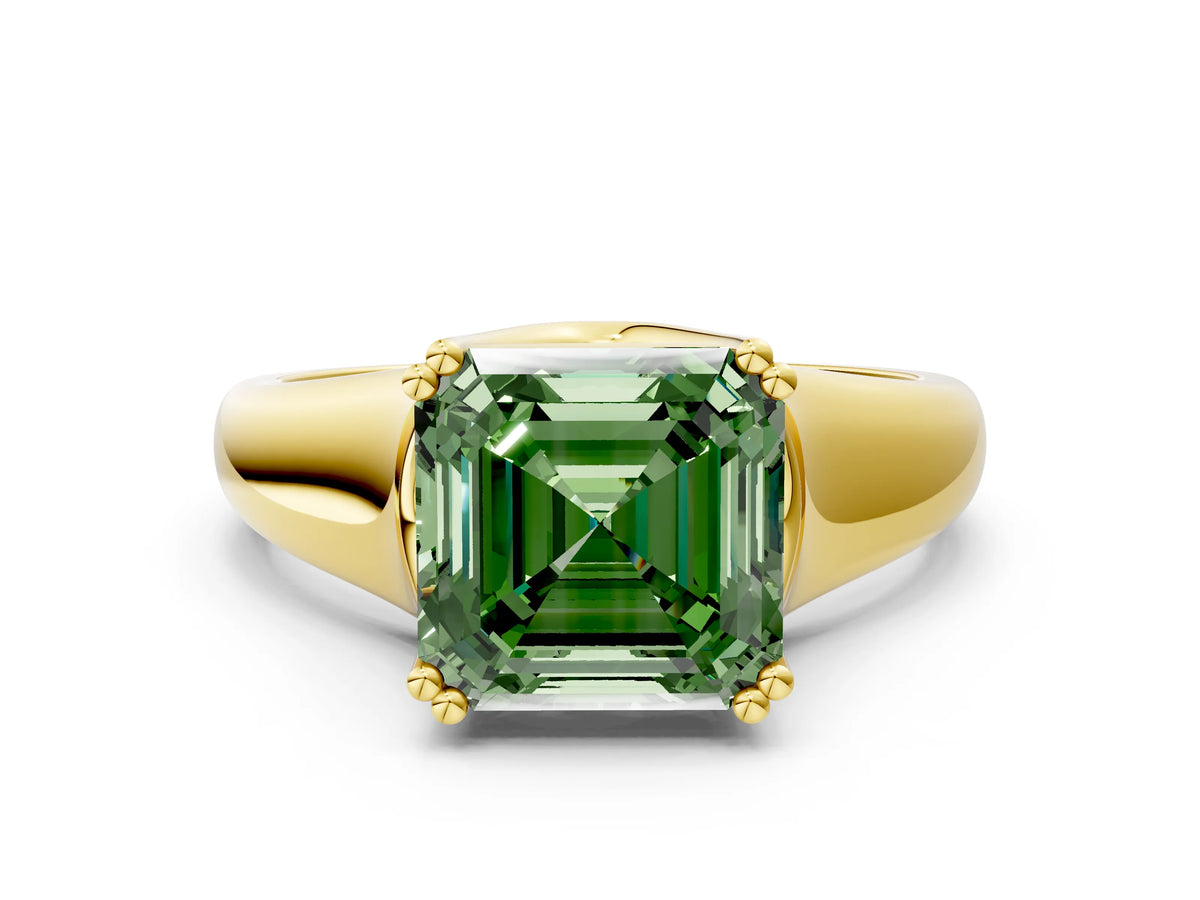Fancy Green Asscher Cut Diamond Solitaire Ring in Yellow gold with Smooth Wide Band and Prong Setting