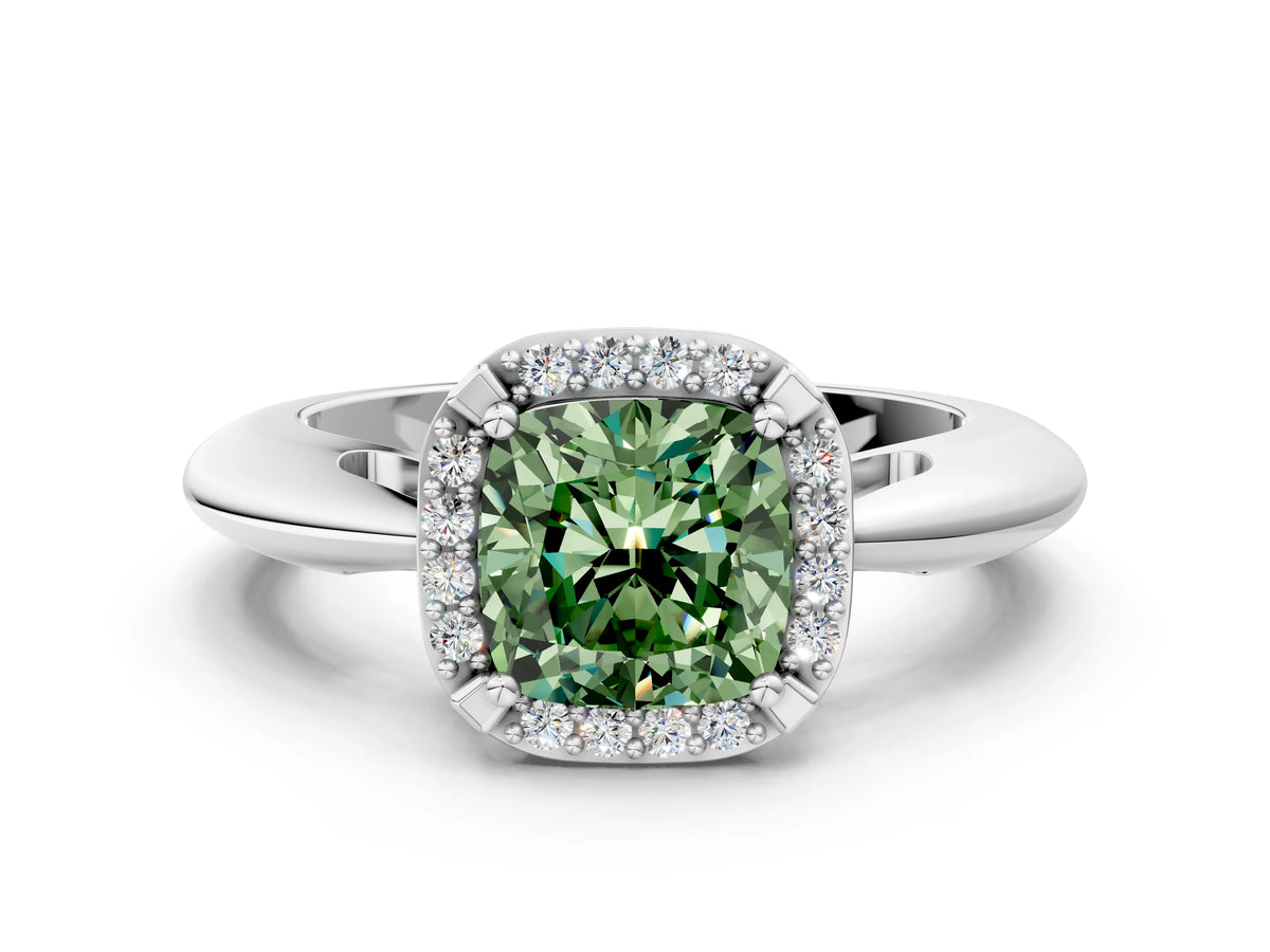 Fancy Green Cushion Cut Diamond Halo Engagement Ring in Platinum with Plain Split Shank and Prong Setting_12