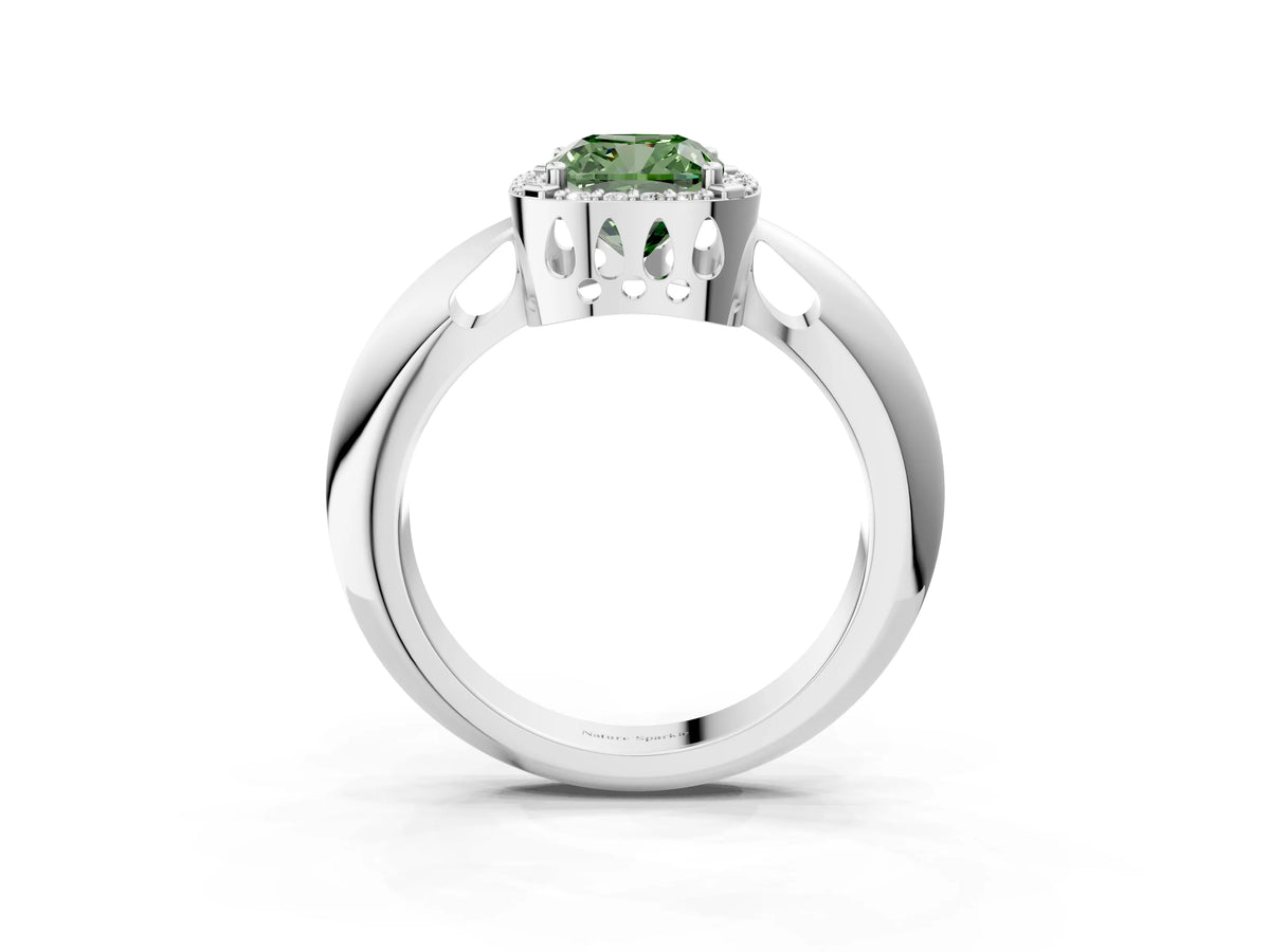 Fancy Green Cushion Cut Diamond Halo Engagement Ring in Platinum with Plain Split Shank and Prong Setting_15