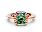 Fancy Green Cushion Cut Diamond Halo Engagement Ring in Rose gold with Plain Split Shank and Prong Setting