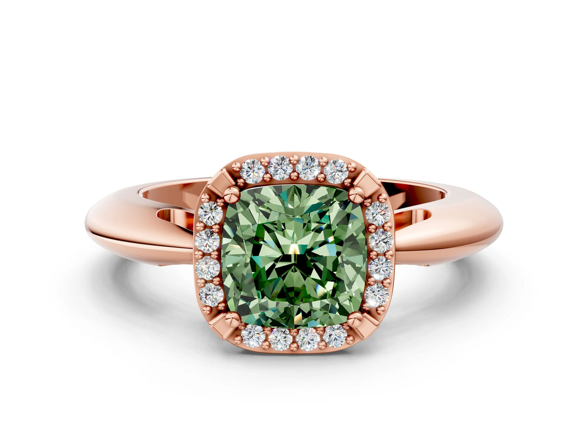 Fancy Green Cushion Cut Diamond Halo Engagement Ring in Rose gold with Plain Split Shank and Prong Setting