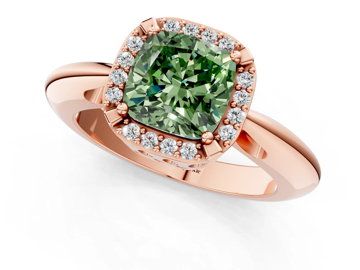 Fancy Green Cushion Cut Diamond Halo Engagement Ring in Rose gold with Plain Split Shank and Prong Setting_1