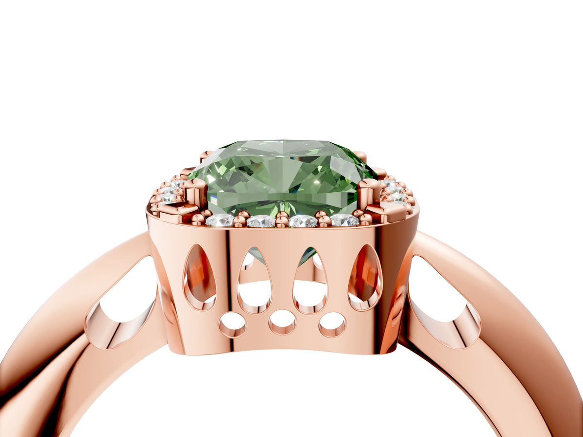 Fancy Green Cushion Cut Diamond Halo Engagement Ring in Rose gold with Plain Split Shank and Prong Setting_4
