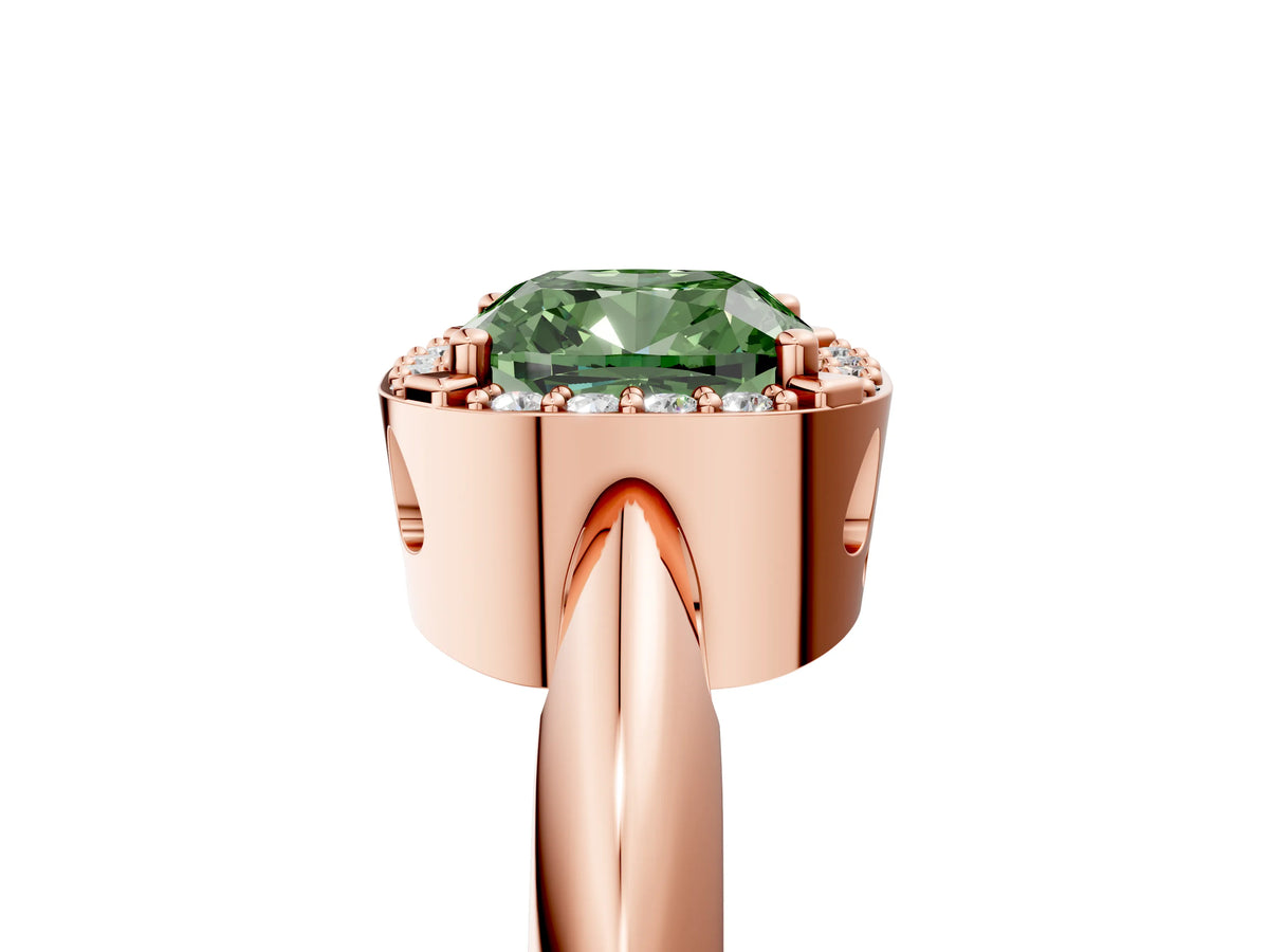 Fancy Green Cushion Cut Diamond Halo Engagement Ring in Rose gold with Plain Split Shank and Prong Setting_5