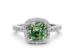 Fancy Green Cushion Cut Diamond Halo Engagement Ring in Silver with Milgrain Detail and Pavé Band_12