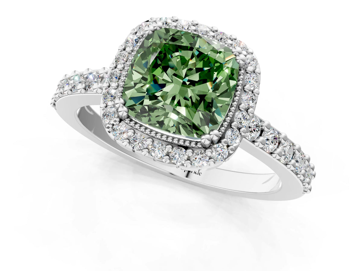 Fancy Green Cushion Cut Diamond Halo Engagement Ring in Silver with Milgrain Detail and Pavé Band_13