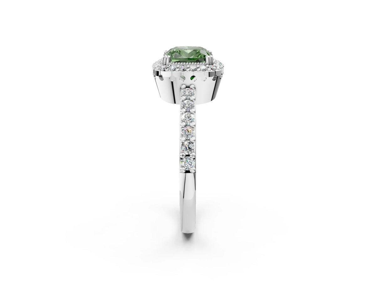 Fancy Green Cushion Cut Diamond Halo Engagement Ring in Silver with Milgrain Detail and Pavé Band_14