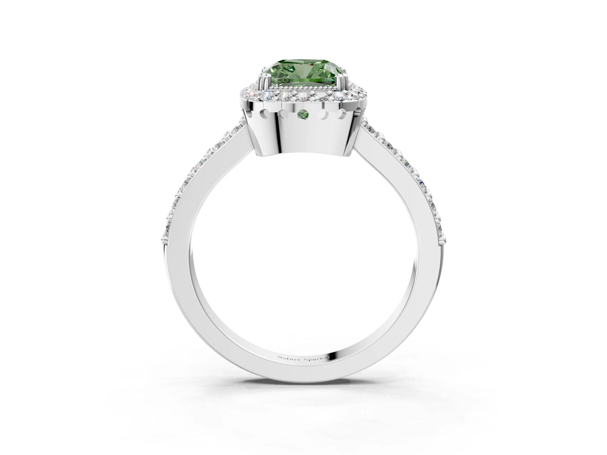 Fancy Green Cushion Cut Diamond Halo Engagement Ring in Silver with Milgrain Detail and Pavé Band_15