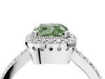 Fancy Green Cushion Cut Diamond Halo Engagement Ring in Silver with Milgrain Detail and Pavé Band_16