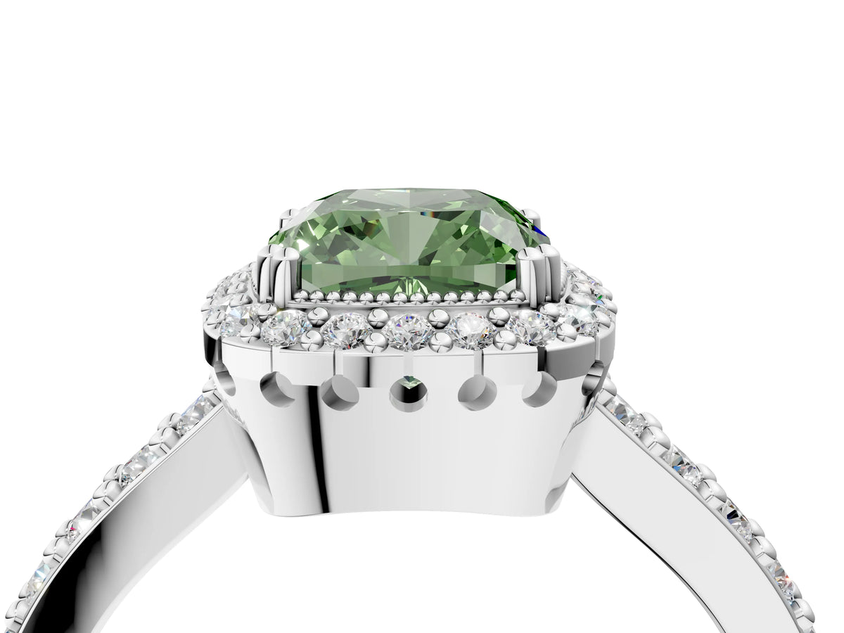 Fancy Green Cushion Cut Diamond Halo Engagement Ring in Silver with Milgrain Detail and Pavé Band_16