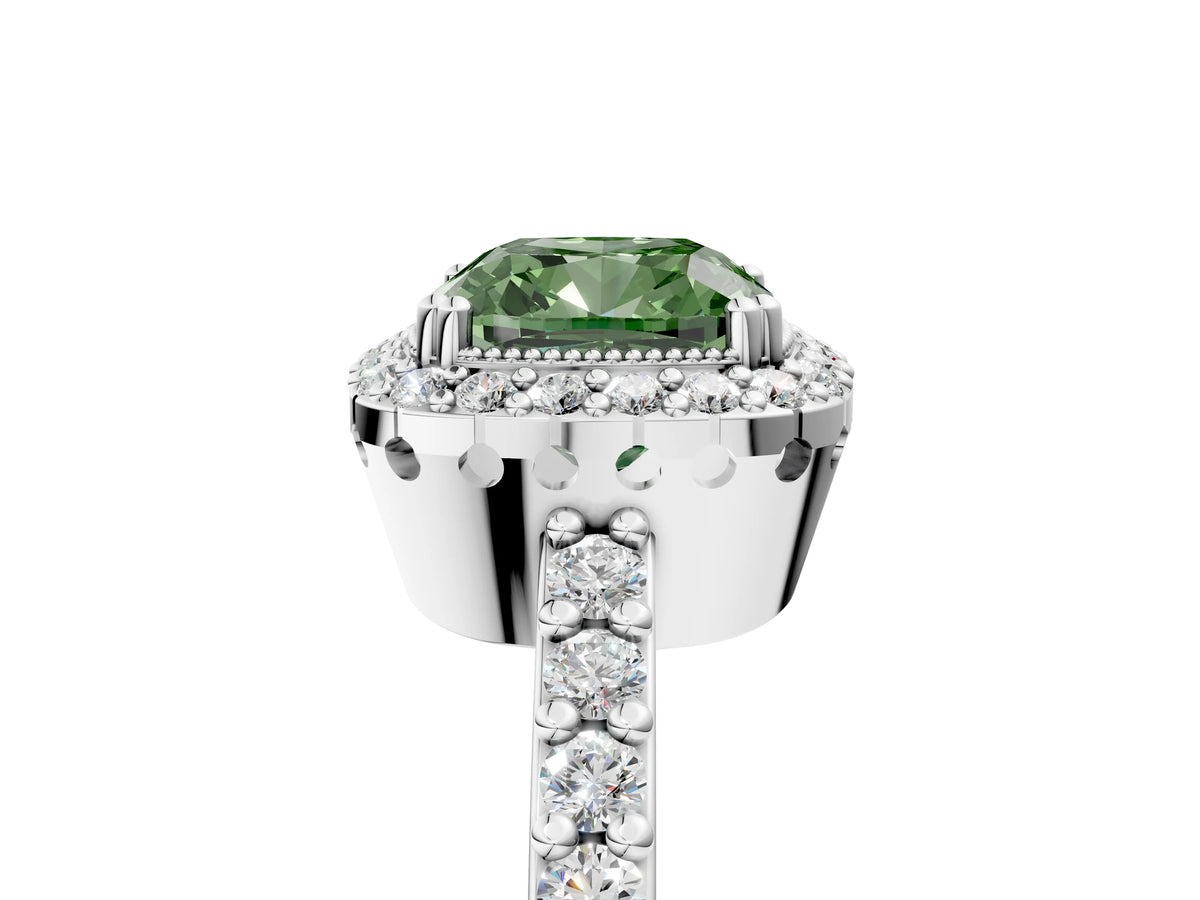 Fancy Green Cushion Cut Diamond Halo Engagement Ring in Silver with Milgrain Detail and Pavé Band_17