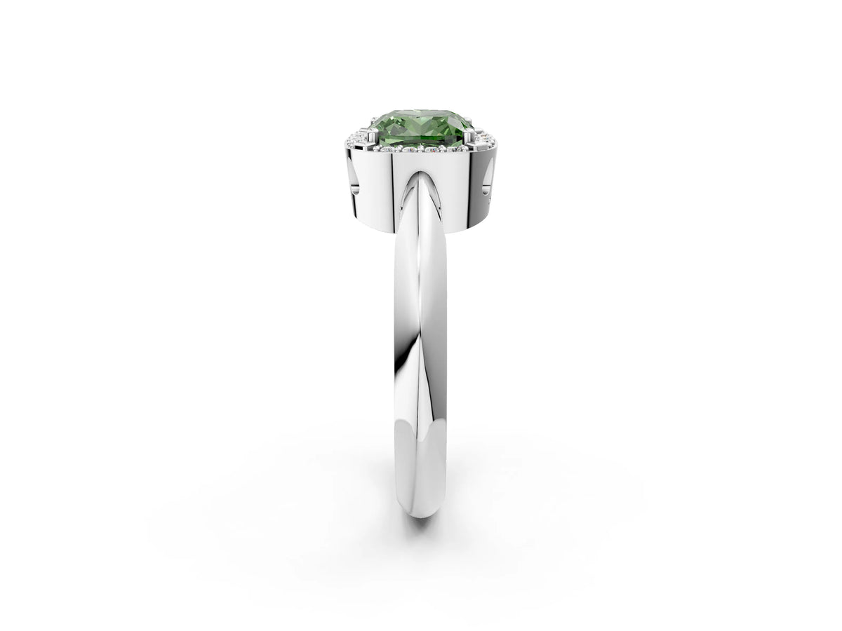 Fancy Green Cushion Cut Diamond Halo Engagement Ring in Silver with Plain Split Shank and Prong Setting_14