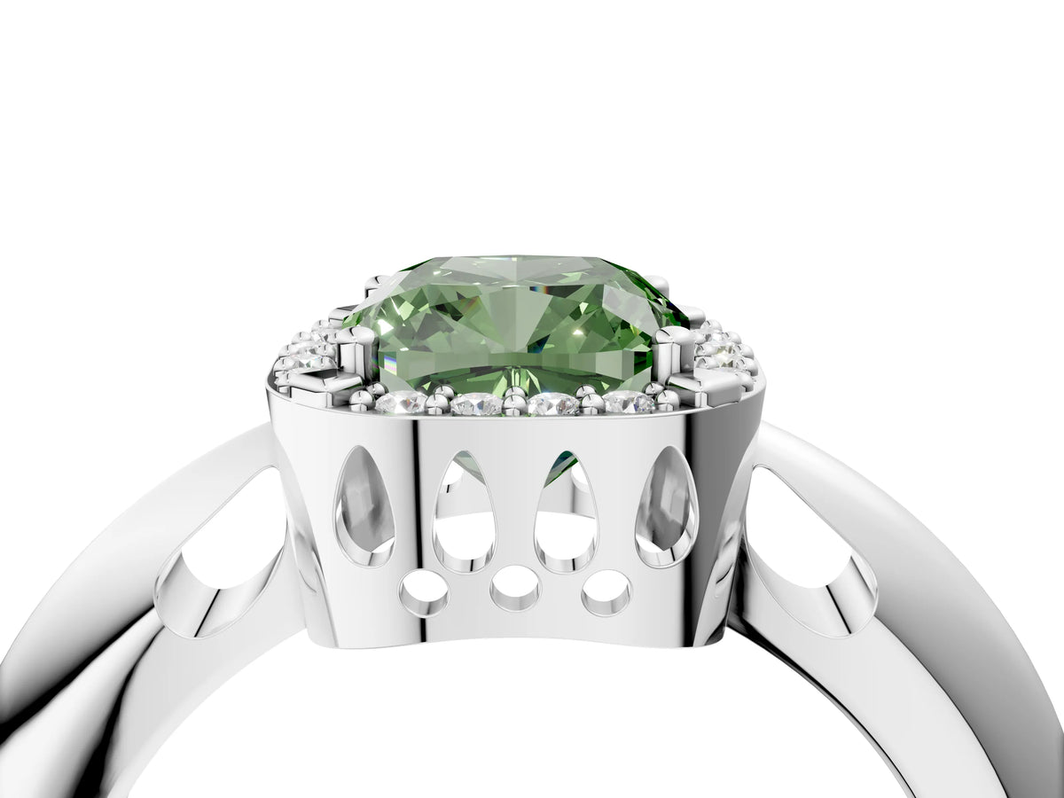Fancy Green Cushion Cut Diamond Halo Engagement Ring in White gold with Plain Split Shank and Prong Setting_4