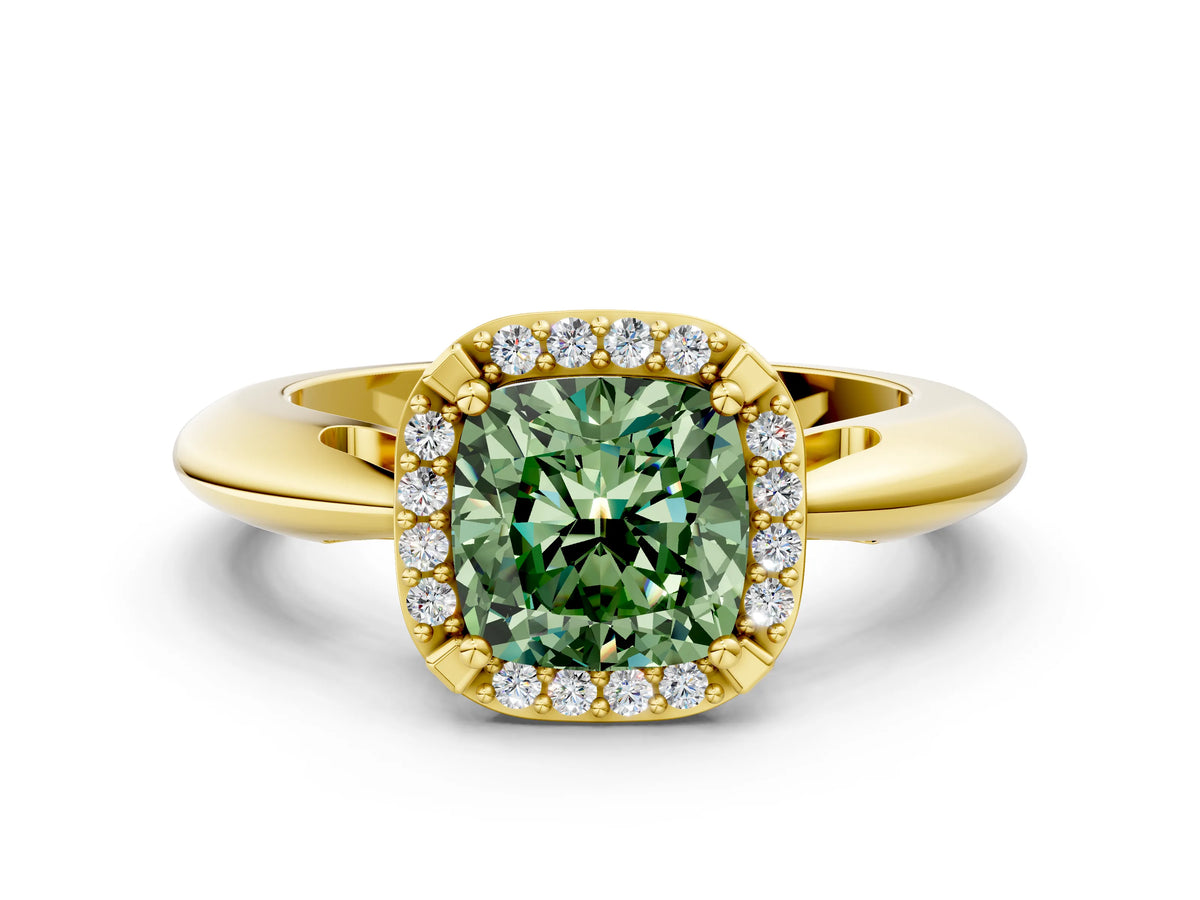 Fancy Green Cushion Cut Diamond Halo Engagement Ring in Yellow gold with Plain Split Shank and Prong Setting