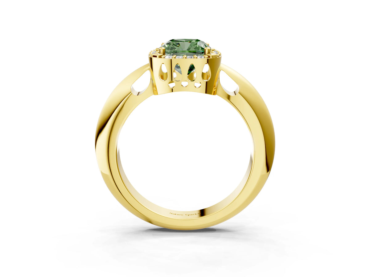 Fancy Green Cushion Cut Diamond Halo Engagement Ring in Yellow gold with Plain Split Shank and Prong Setting_3