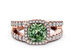Fancy Green Cushion Cut Diamond Halo Ring in Rose gold with Split Shank Band and Prong Setting