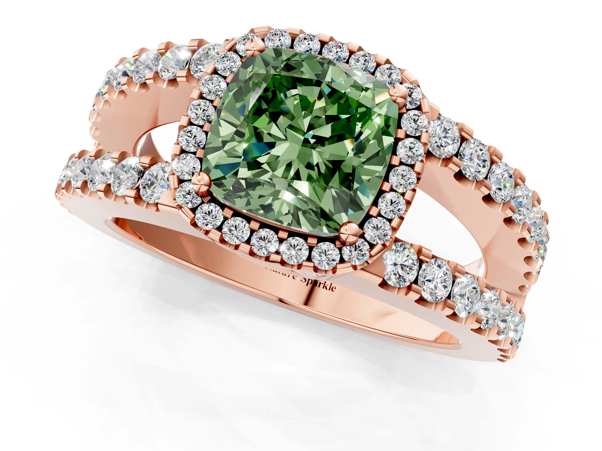 Fancy Green Cushion Cut Diamond Halo Ring in Rose gold with Split Shank Band and Prong Setting_1