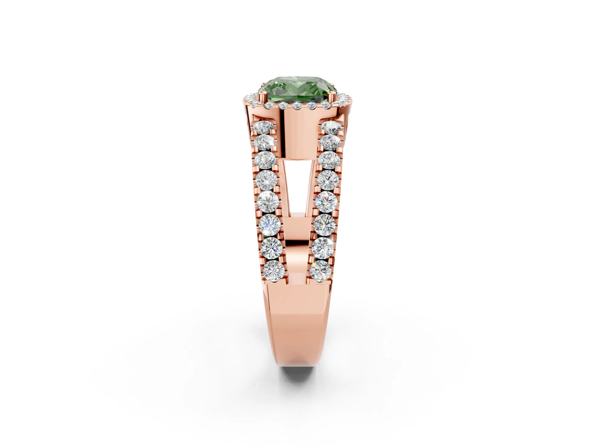 Fancy Green Cushion Cut Diamond Halo Ring in Rose gold with Split Shank Band and Prong Setting_2