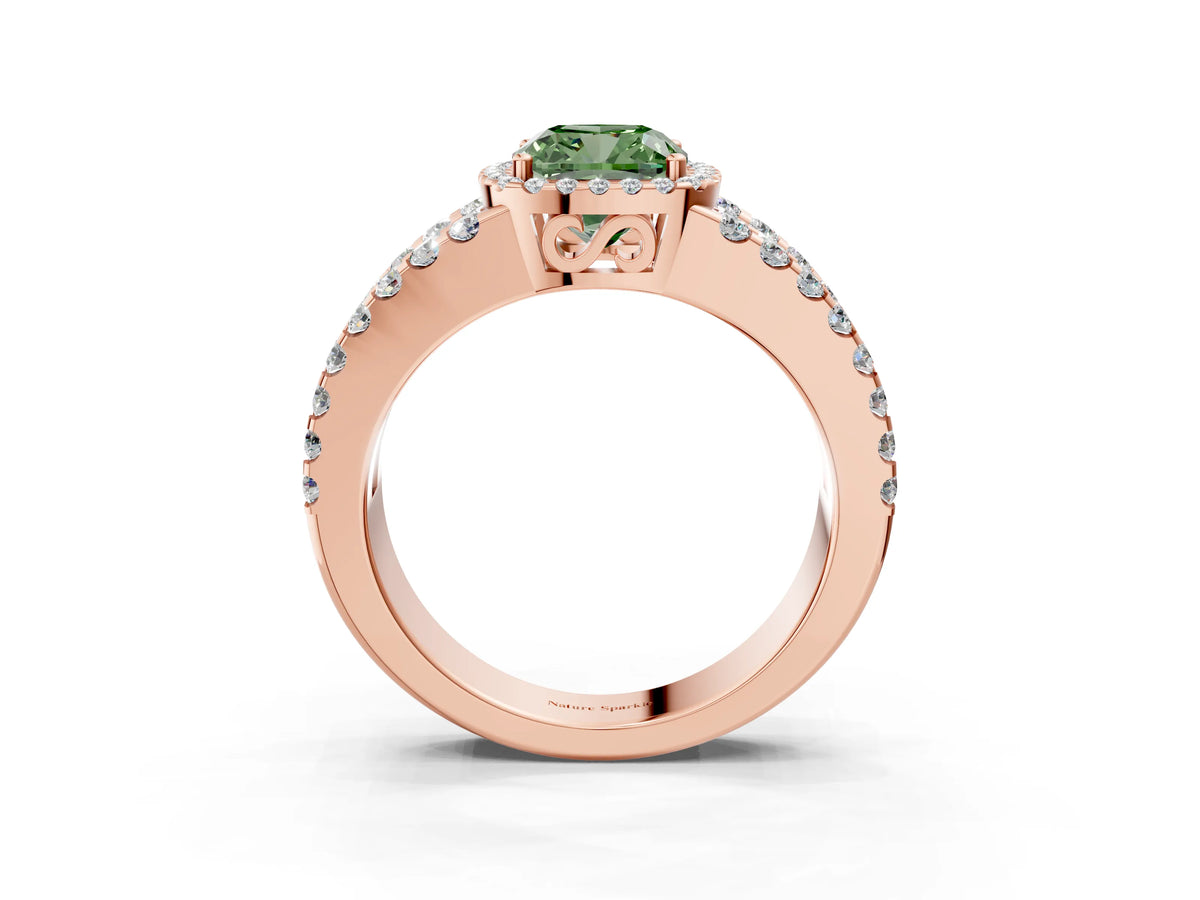 Fancy Green Cushion Cut Diamond Halo Ring in Rose gold with Split Shank Band and Prong Setting_3