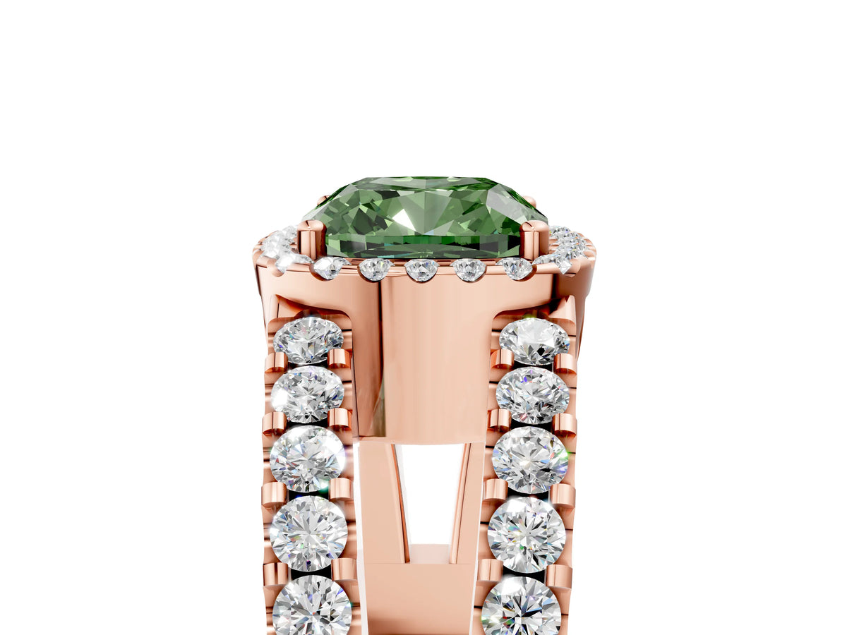 Fancy Green Cushion Cut Diamond Halo Ring in Rose gold with Split Shank Band and Prong Setting_5
