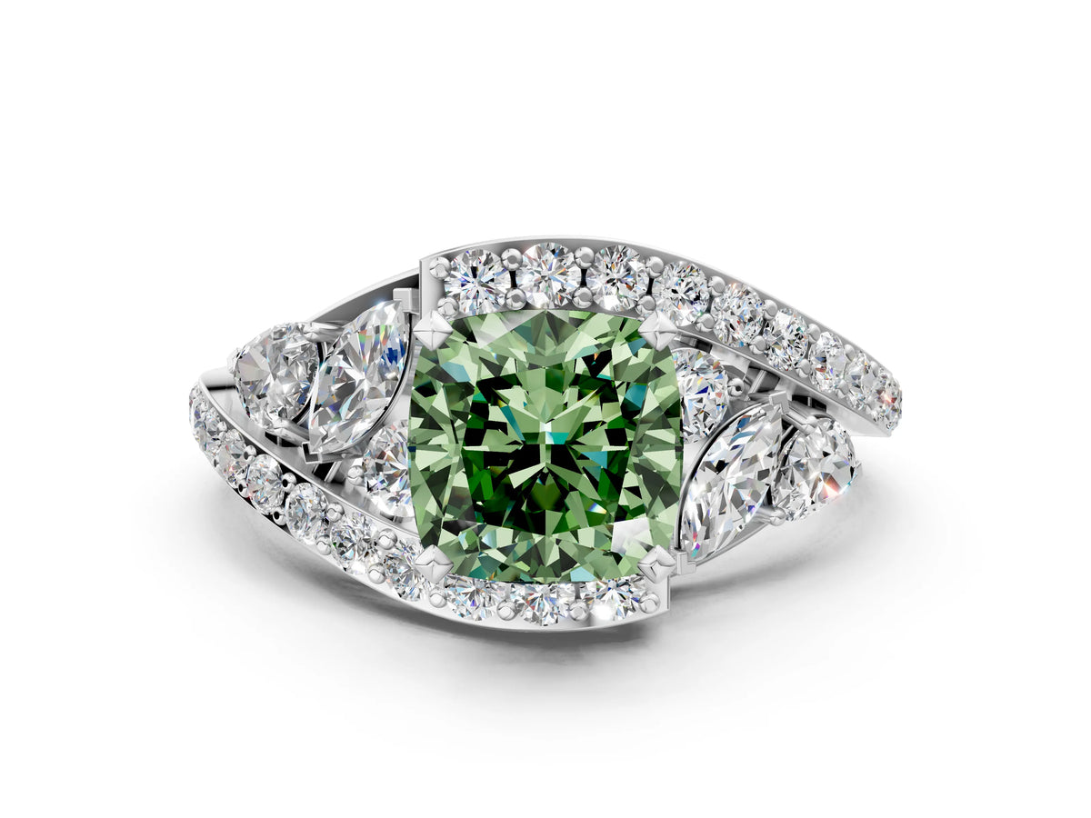 Fancy Green Cushion Cut Diamond Halo Ring in Silver with Marquise and Pavé Band in Prong Setting_12