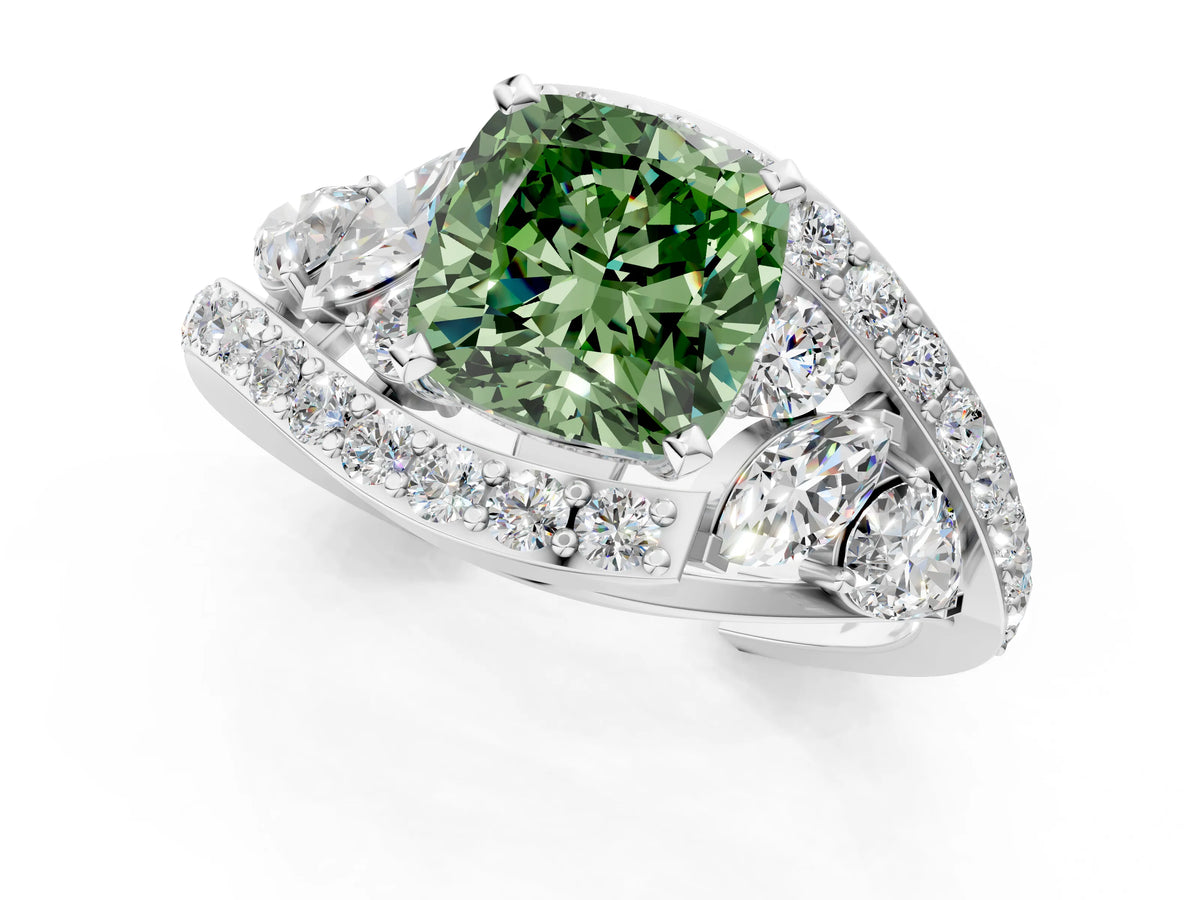 Fancy Green Cushion Cut Diamond Halo Ring in Silver with Marquise and Pavé Band in Prong Setting_13
