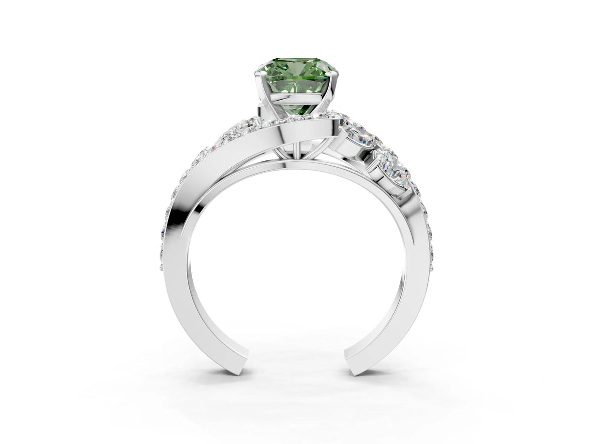 Fancy Green Cushion Cut Diamond Halo Ring in Silver with Marquise and Pavé Band in Prong Setting_15