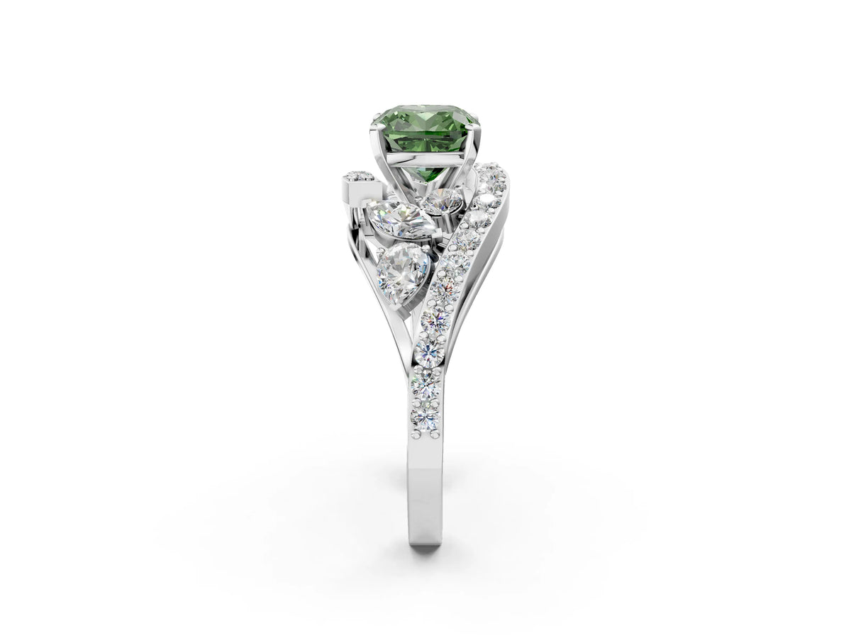 Fancy Green Cushion Cut Diamond Halo Ring in White gold with Marquise and Pavé Band in Prong Setting_2