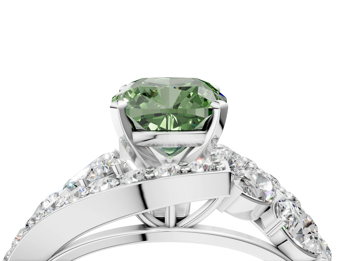Fancy Green Cushion Cut Diamond Halo Ring in White gold with Marquise and Pavé Band in Prong Setting_4